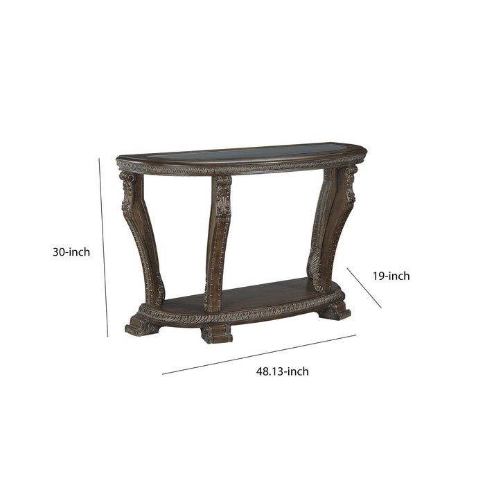 Crescent Moon Engraved Wooden Frame Sofa Table with Open Shelf, Dark Brown