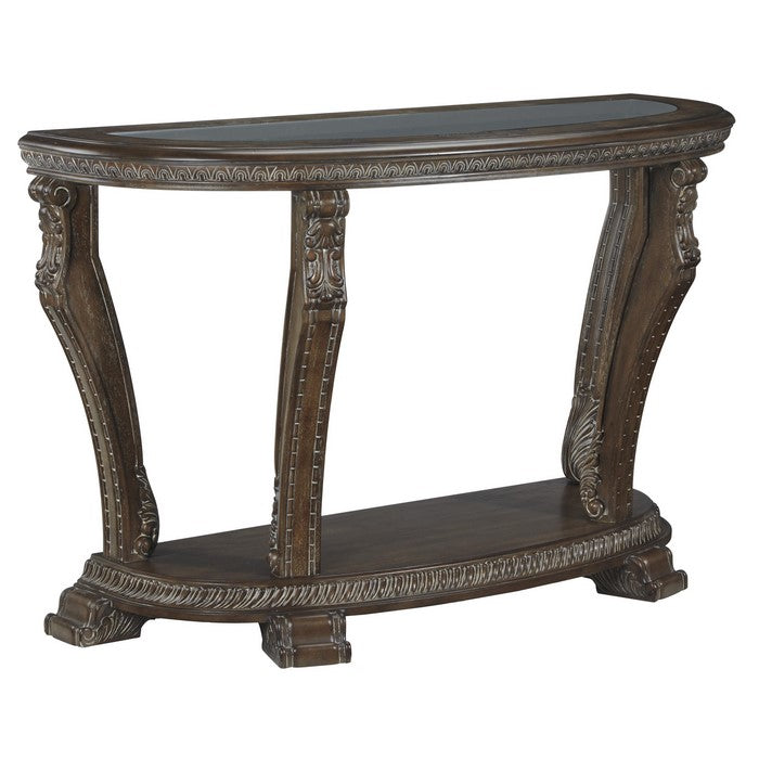 Crescent Moon Engraved Wooden Frame Sofa Table with Open Shelf, Dark Brown