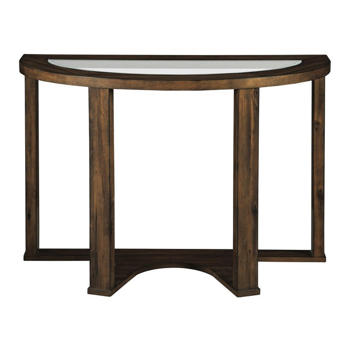 Crescent Moon Shaped Wooden Sofa Table with Glass Inlays, Brown