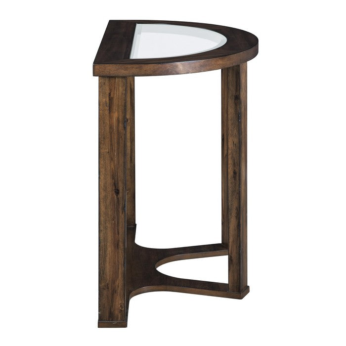 Crescent Moon Shaped Wooden Sofa Table with Glass Inlays, Brown
