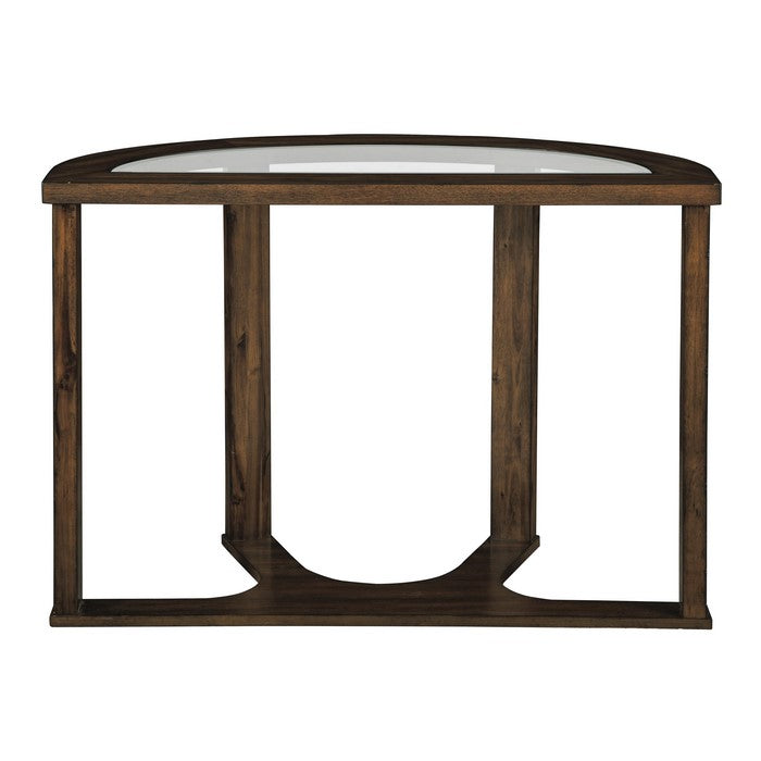 Crescent Moon Shaped Wooden Sofa Table with Glass Inlays, Brown