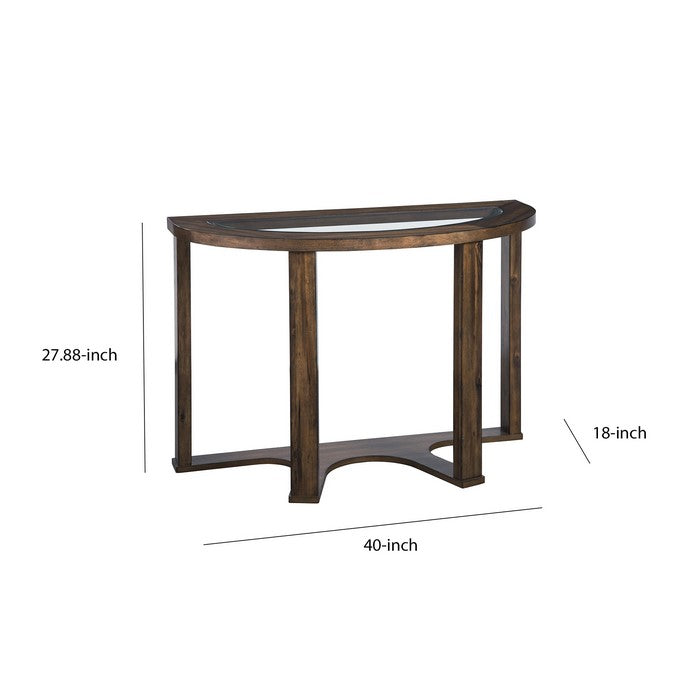 Crescent Moon Shaped Wooden Sofa Table with Glass Inlays, Brown