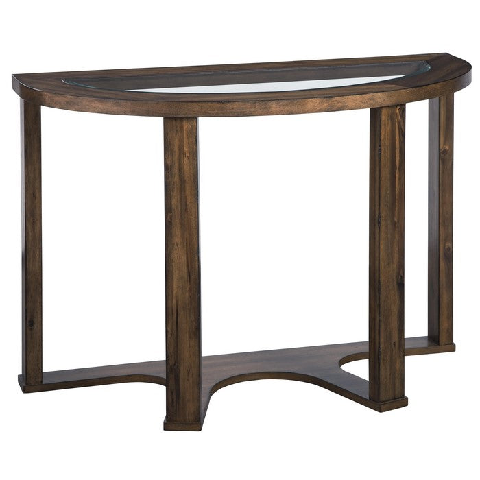 Crescent Moon Shaped Wooden Sofa Table with Glass Inlays, Brown