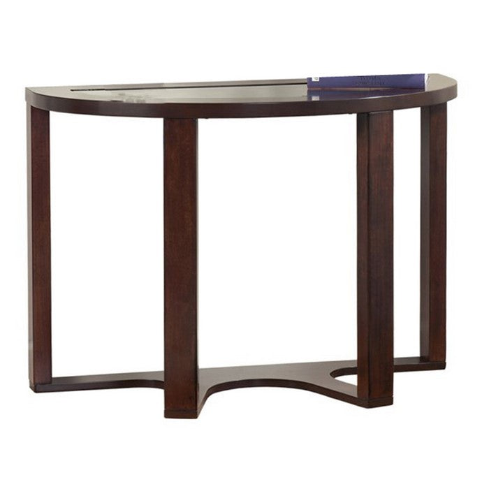 Crescent Moon Shaped Wooden Sofa Table with Glass Inlays, Dark Brown