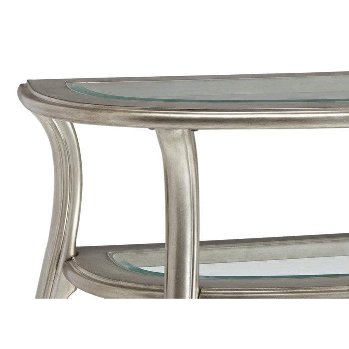 Crescent Moon Sofa Table with 2 Open Shelves and Swan Neck Legs, Silver