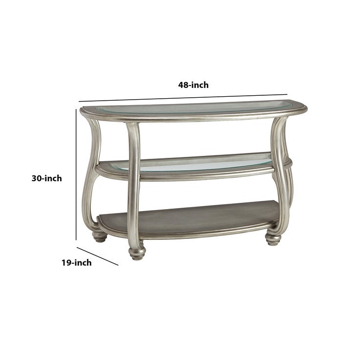 Crescent Moon Sofa Table with 2 Open Shelves and Swan Neck Legs, Silver