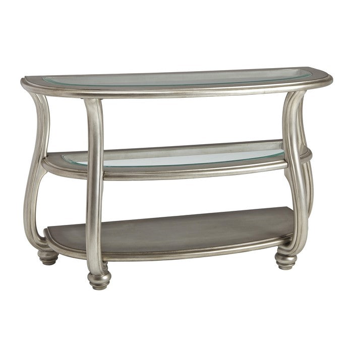 Crescent Moon Sofa Table with 2 Open Shelves and Swan Neck Legs, Silver