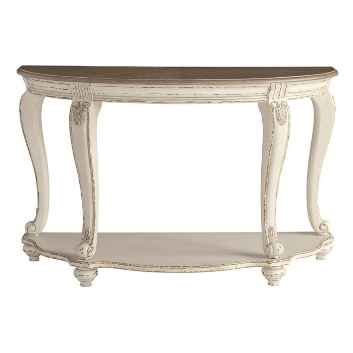 Crescent Moon Wooden Sofa Table with Engraved Details, Brown and White