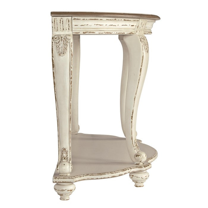Crescent Moon Wooden Sofa Table with Engraved Details, Brown and White
