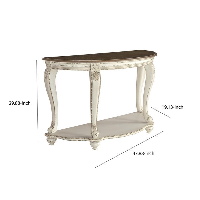 Crescent Moon Wooden Sofa Table with Engraved Details, Brown and White