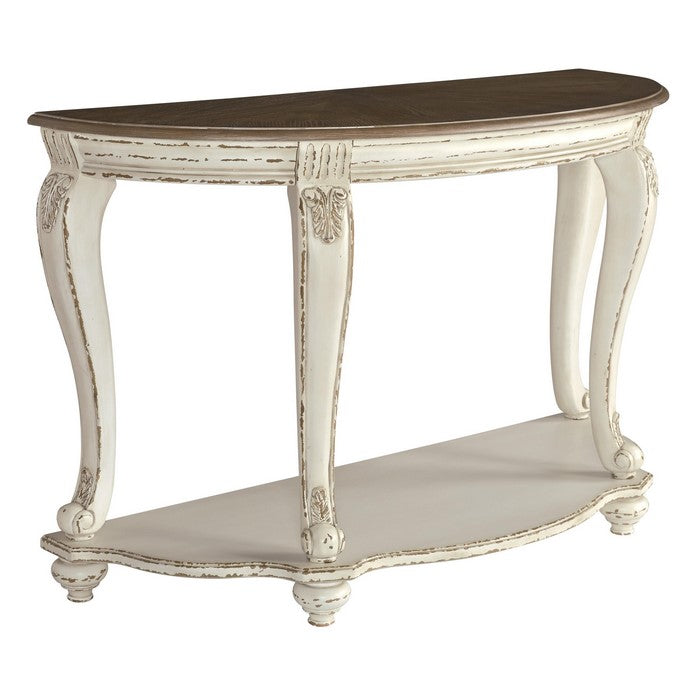 Crescent Moon Wooden Sofa Table with Engraved Details, Brown and White