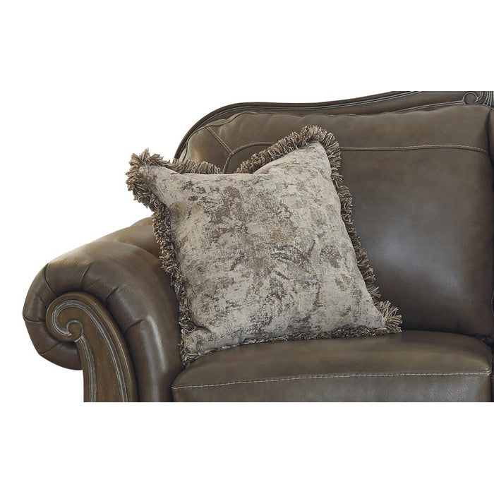 Crown Top Leatherette Wooden Frame Loveseat with Engraved Apron, Brown