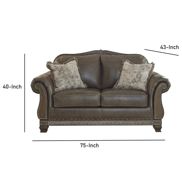Crown Top Leatherette Wooden Frame Loveseat with Engraved Apron, Brown