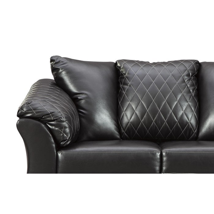 Diamond Tufted Leatherette Wooden Frame Loveseat with Pillow Arms, Black