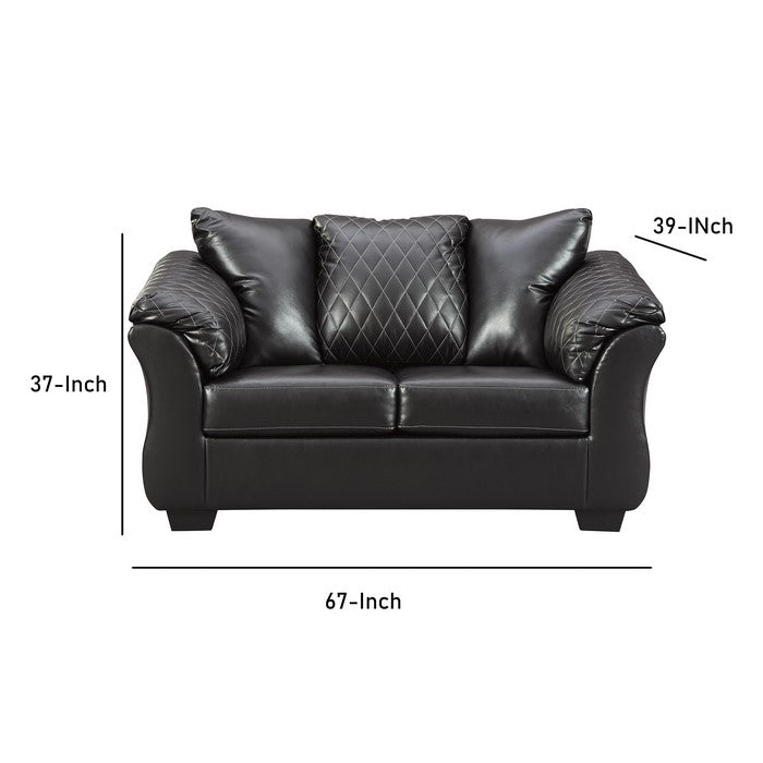 Diamond Tufted Leatherette Wooden Frame Loveseat with Pillow Arms, Black