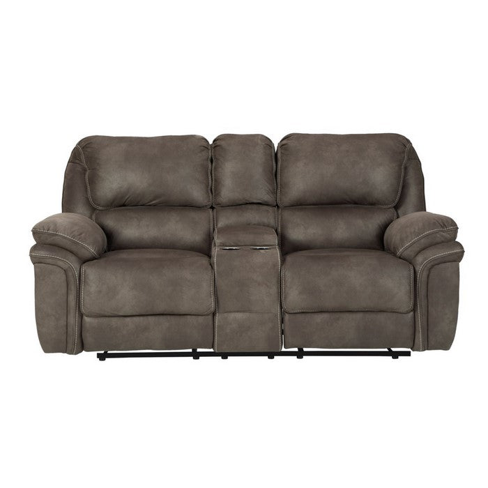 Double Reclining Leatherette Loveseat with Console and Padded Arms, Gray