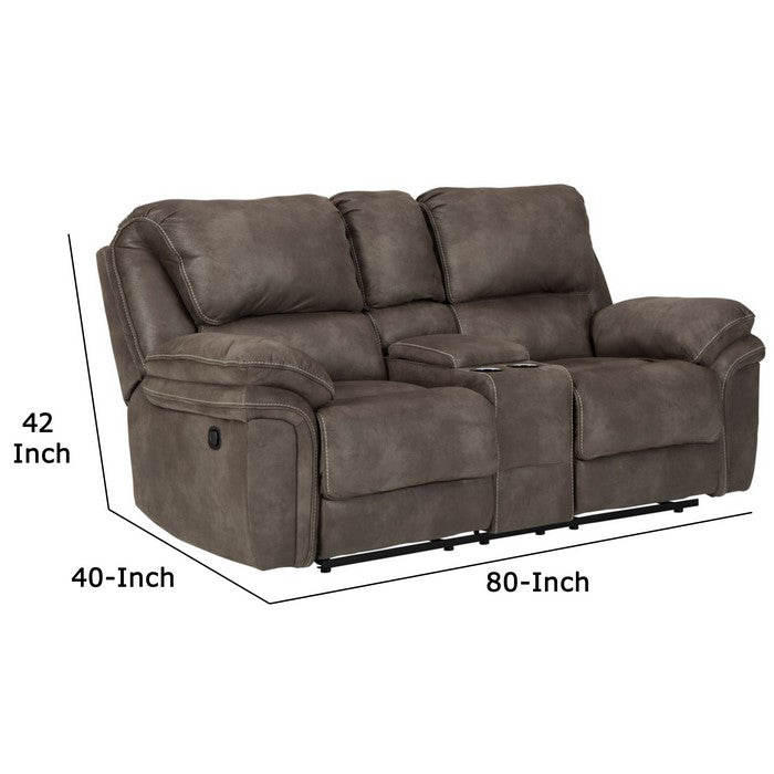 Double Reclining Leatherette Loveseat with Console and Padded Arms, Gray