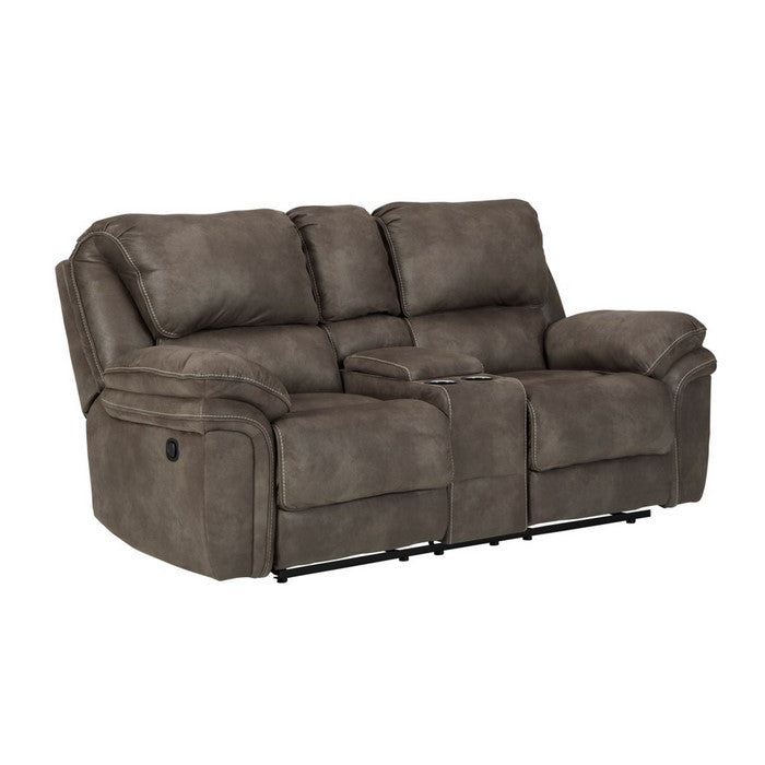 Double Reclining Leatherette Loveseat with Console and Padded Arms, Gray