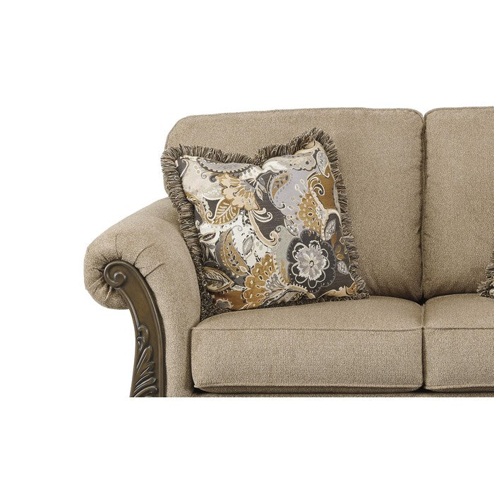 Engraved Wooden Frame Loveseat with Box Cushioned Seat, Beige and Brown