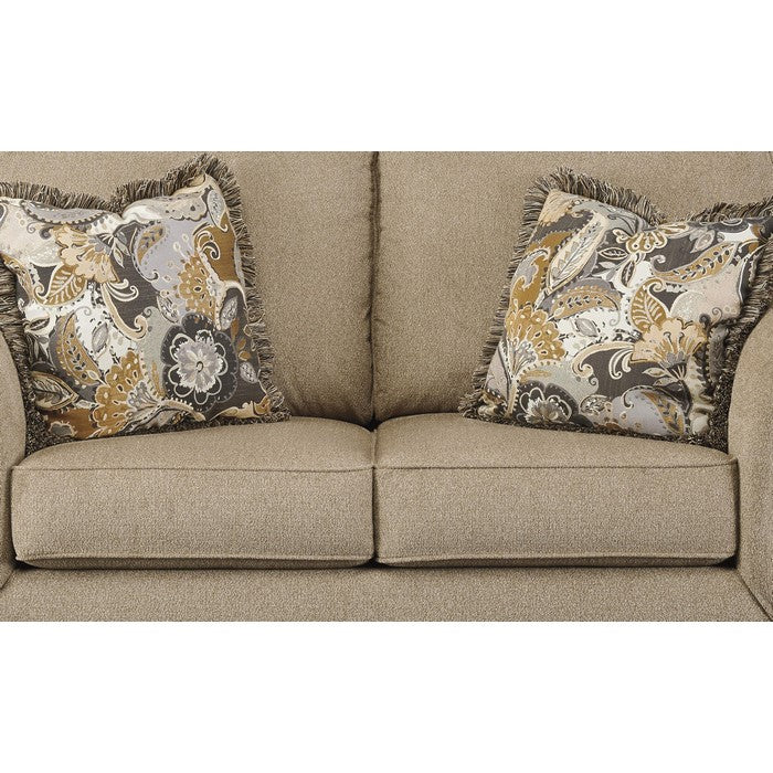 Engraved Wooden Frame Loveseat with Box Cushioned Seat, Beige and Brown