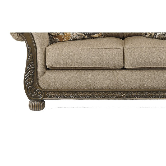 Engraved Wooden Frame Loveseat with Box Cushioned Seat, Beige and Brown