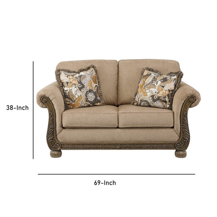 Engraved Wooden Frame Loveseat with Box Cushioned Seat, Beige and Brown