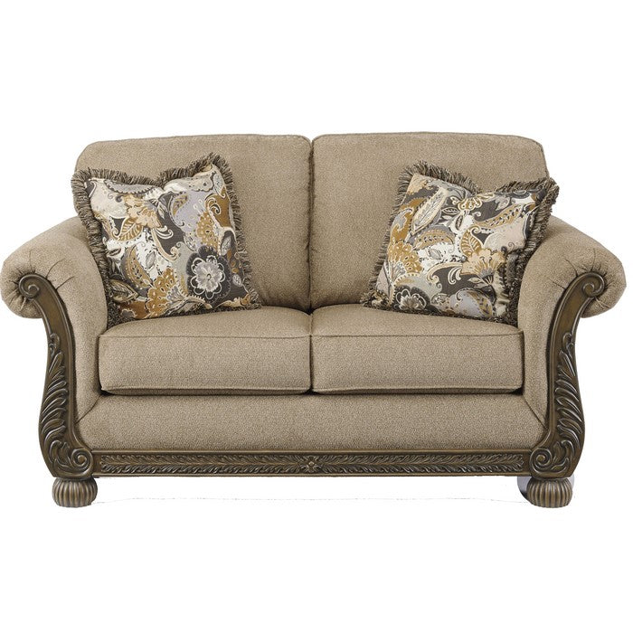 Engraved Wooden Frame Loveseat with Box Cushioned Seat, Beige and Brown