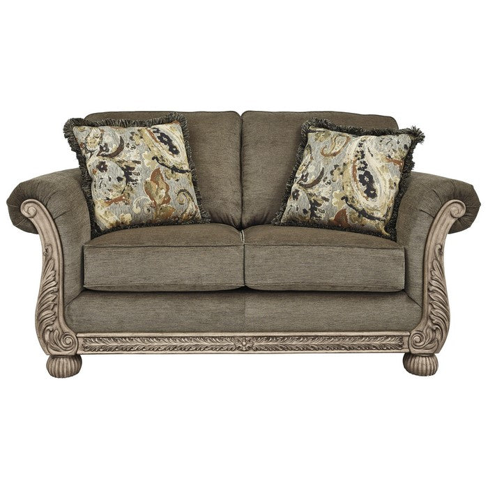 Engraved Wooden Frame Loveseat with Box Cushioned Seat, Light Brown