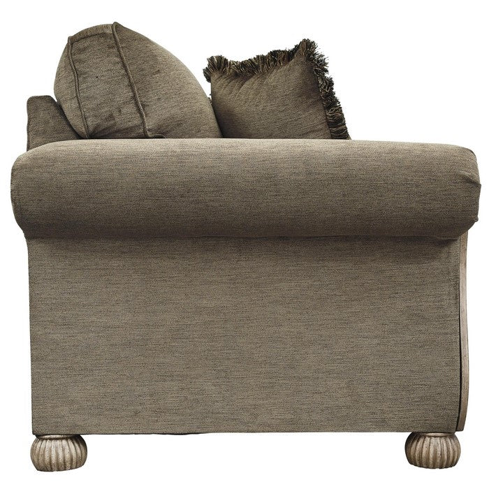 Engraved Wooden Frame Loveseat with Box Cushioned Seat, Light Brown
