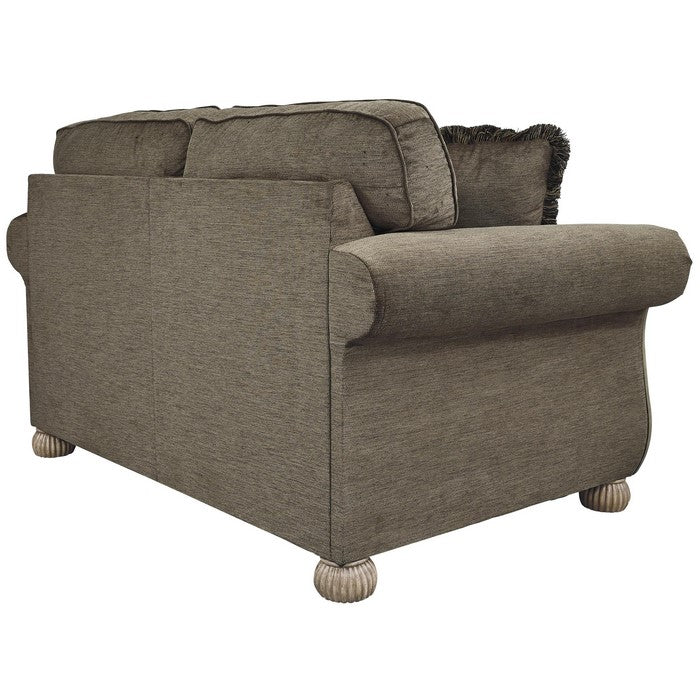 Engraved Wooden Frame Loveseat with Box Cushioned Seat, Light Brown