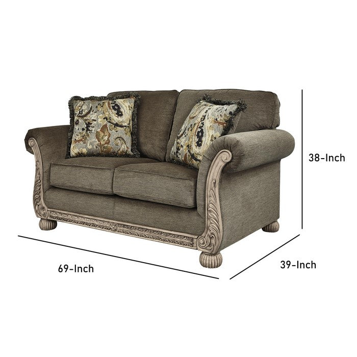 Engraved Wooden Frame Loveseat with Box Cushioned Seat, Light Brown