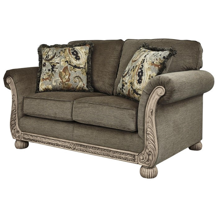 Engraved Wooden Frame Loveseat with Box Cushioned Seat, Light Brown