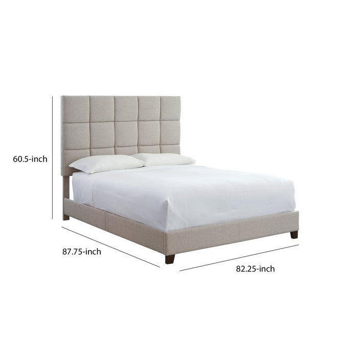 Fabric Upholstered King Size Bed with Biscuit Tufted Headboard, Beige