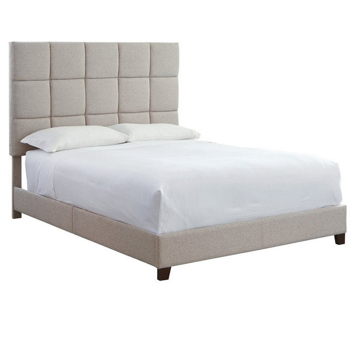 Fabric Upholstered King Size Bed with Biscuit Tufted Headboard, Beige