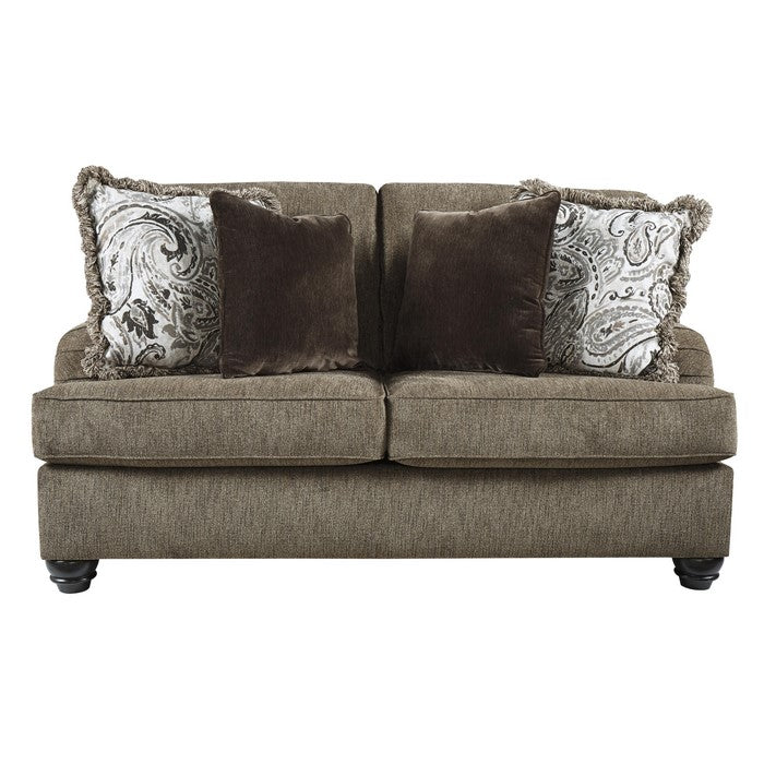 Fabric Upholstered Loveseat with Charles Of London Arms and Turned Legs, Brown