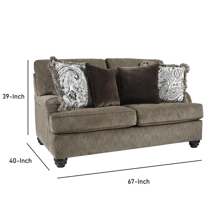 Fabric Upholstered Loveseat with Charles Of London Arms and Turned Legs, Brown