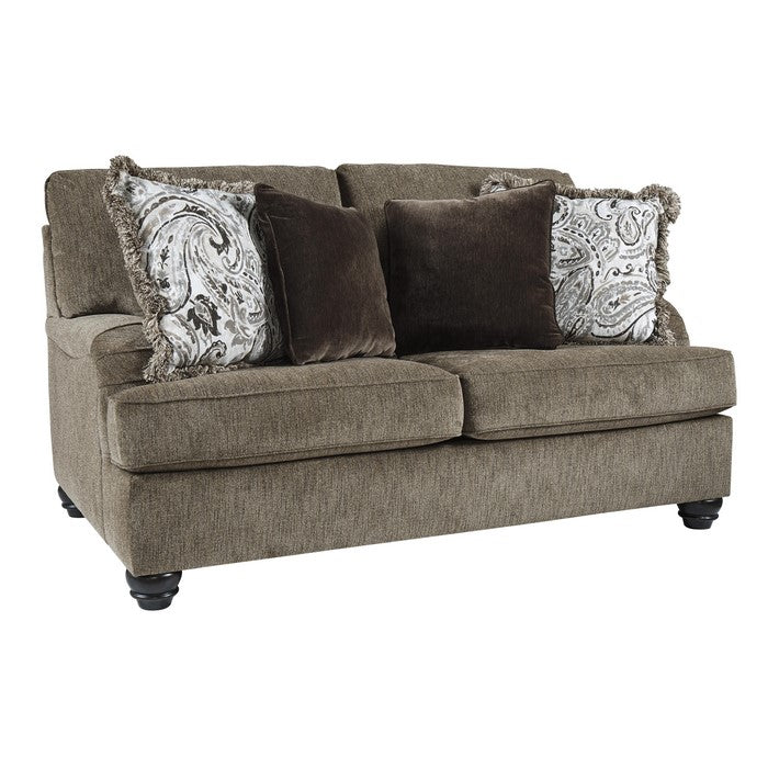 Fabric Upholstered Loveseat with Charles Of London Arms and Turned Legs, Brown