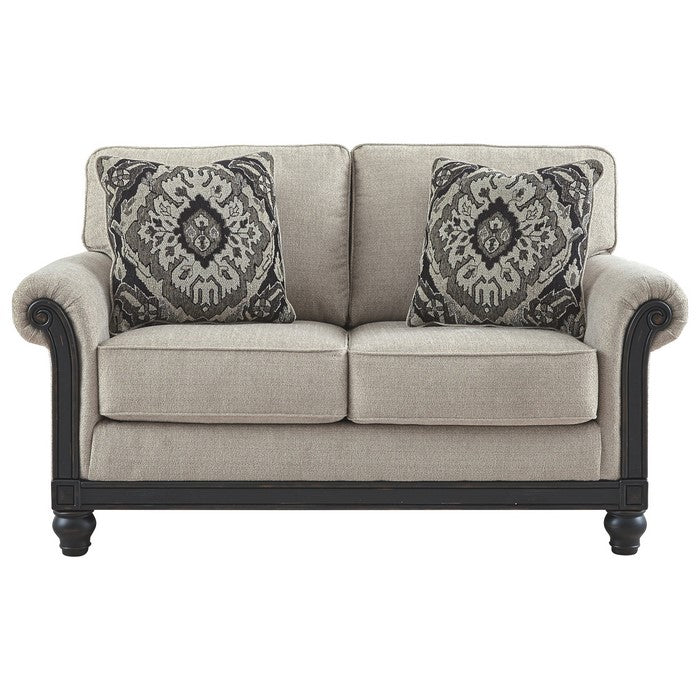 Fabric Upholstered Loveseat with Rolled Armrests and Exposed Rail, Gray