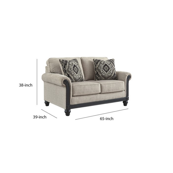 Fabric Upholstered Loveseat with Rolled Armrests and Exposed Rail, Gray
