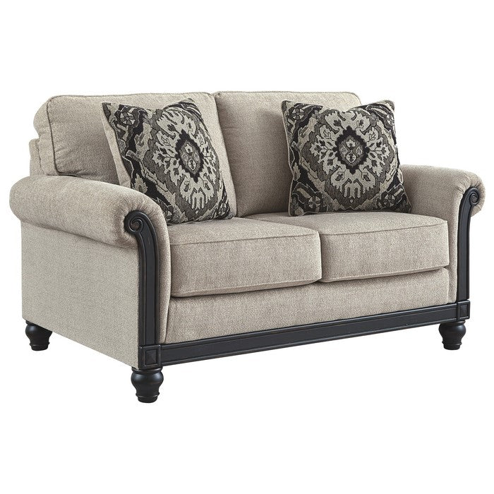 Fabric Upholstered Loveseat with Rolled Armrests and Exposed Rail, Gray