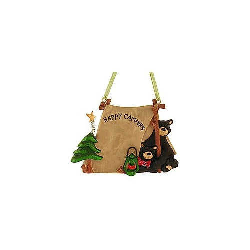 1 X FLATBACK "HAPPY CAMPERS" TWO BLACK BEARS IN TENT ORNAMENT - Christmas Ornament