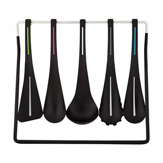 Fusionbrands CurveUtensil Nylon 5 Piece Set of Essential Kitchen Tools with Wire Display and Storage Rack, Multicolor Grips