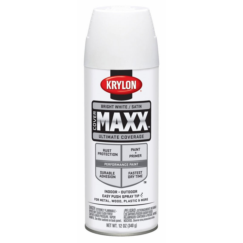 Krylon K09159000 COVERMAXX Spray Paint, Satin Bright White, 12 Ounce