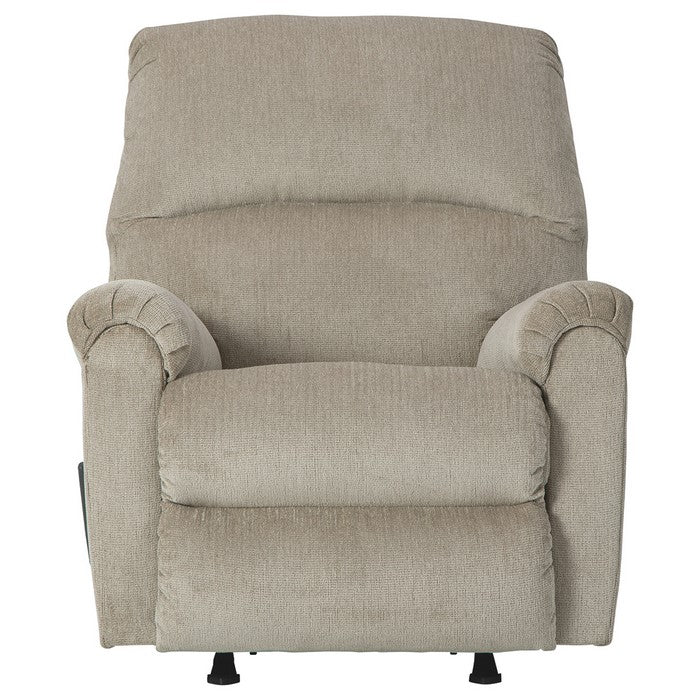 Fabric Upholstered Rocker Recliner with Tufted Back and Pillow Arms, Beige