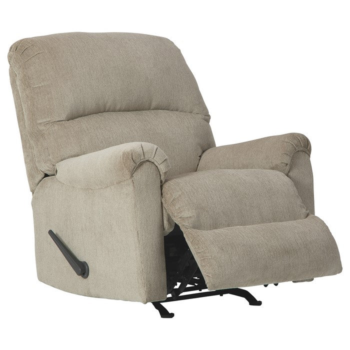 Fabric Upholstered Rocker Recliner with Tufted Back and Pillow Arms, Beige