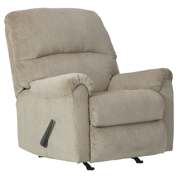 Fabric Upholstered Rocker Recliner with Tufted Back and Pillow Arms, Beige