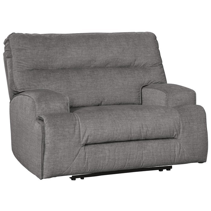 Fabric Upholstered Wide Seat Power Recliner with Contrast Stitching, Gray