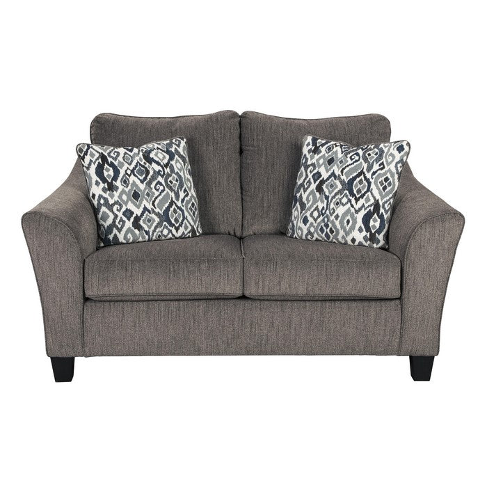 Fabric Upholstered Wooden Loveseat with Flared Arms and Tapered Feet, Gray