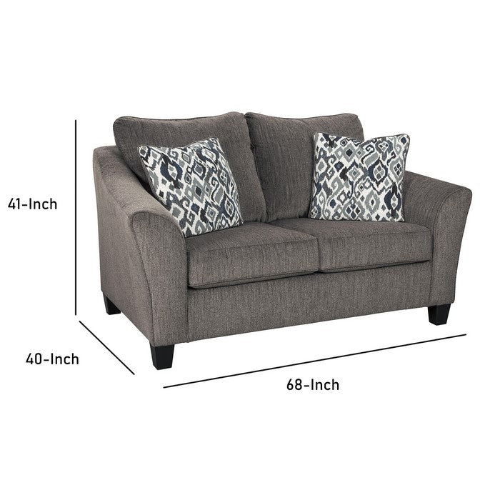Fabric Upholstered Wooden Loveseat with Flared Arms and Tapered Feet, Gray