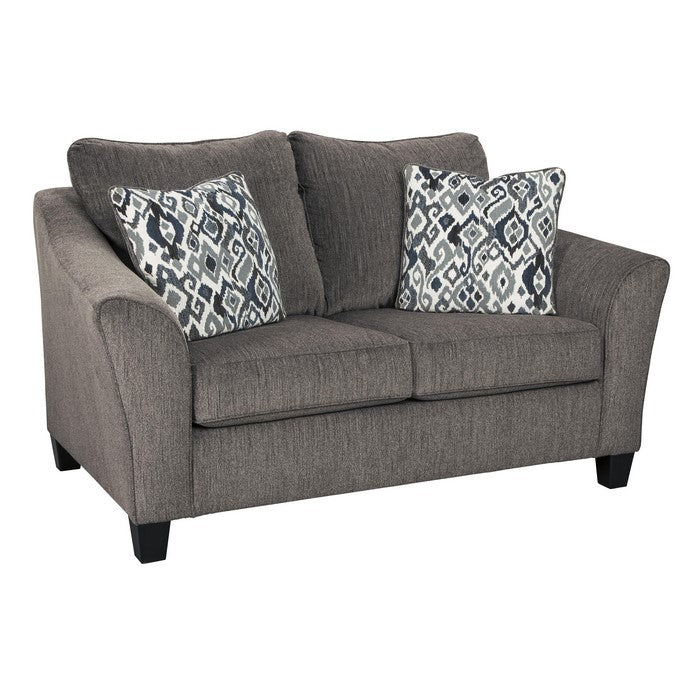 Fabric Upholstered Wooden Loveseat with Flared Arms and Tapered Feet, Gray